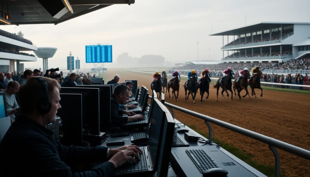 A bustling racetrack scene with a focus on horse racing trading strategies on the OCW betting exchange. In the foreground, a group of traders intensely monitoring their screens, fingers poised over keyboards as they execute complex trading maneuvers. The middle ground features a large video display board showing real-time odds and market data, casting a cool, techno-blue glow over the proceedings. In the background, the grandstand is filled with spectators eagerly watching the horses round the final turn, their anticipation palpable. Dramatic lighting and a sense of high-stakes tension permeate the scene, capturing the thrill and strategy of betting exchange trading in the world of horse racing.
