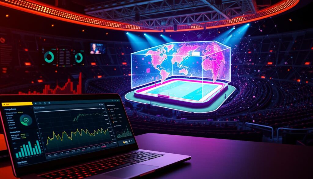 A cutting-edge sports betting analytics software interface, showcasing intricate predictive models and data visualizations. In the foreground, a sleek dashboard displays a range of interactive charts, graphs, and statistical insights, illuminated by warm, focused lighting. The middle ground features a holographic 3D projection of a sports arena, with player movements and probability calculations overlaid in a vibrant, futuristic color palette. In the background, a network of interconnected neural nodes and algorithms suggests the complex mathematical underpinnings powering the OCW analytics platform. An atmosphere of precision, innovation, and game-changing potential permeates the scene.