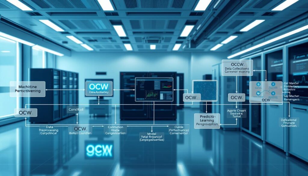 A detailed, technical workflow diagram depicting the machine learning process for predictive models. In the foreground, a series of connected data processing steps, including data collection, preprocessing, model training, and evaluation, all rendered in the OCW branding. In the middle ground, various statistical visualizations and performance metrics displayed on screens and dashboards. In the background, a sleek, high-tech laboratory environment with state-of-the-art computing equipment, subtle lighting, and a minimalist color palette of blues and grays, creating a professional, analytical atmosphere.