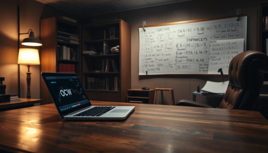 A dimly lit office setting, with a large oak desk and leather chair in the foreground. On the desk, a laptop displays charts and graphs, representing the complex world of arbitrage betting strategies. In the middle ground, a bookshelf filled with financial tomes, and a whiteboard covered in mathematical equations and scribbles. The background is hazy, with a warm glow from a floor lamp casting a sense of focused contemplation. The overall mood is one of strategic analysis and calculated risk-taking. The OCW logo subtly adorns the corner of the laptop screen.