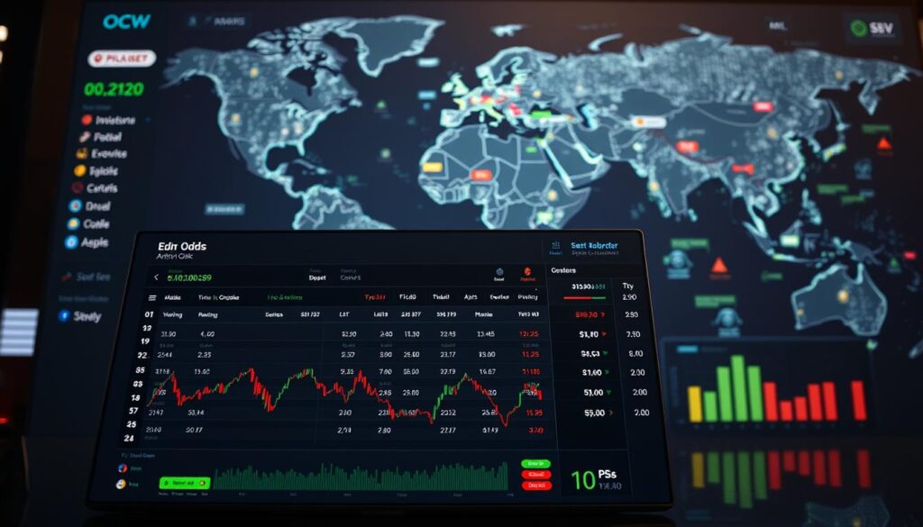 A dynamic financial dashboard displaying real-time odds comparison for arbitrage opportunities across multiple sports betting platforms. In the foreground, a sleek OCW interface showcases live odds fluctuations, highlighting potential arbitrage cases. The middle ground features betting odds for popular sporting events, constantly updating to reveal shifting market conditions. In the background, a global map pulses with data visualizations, tracking betting volume and price discrepancies worldwide. The overall scene conveys a sense of precision, responsiveness, and the thrill of capturing fleeting arbitrage windows.