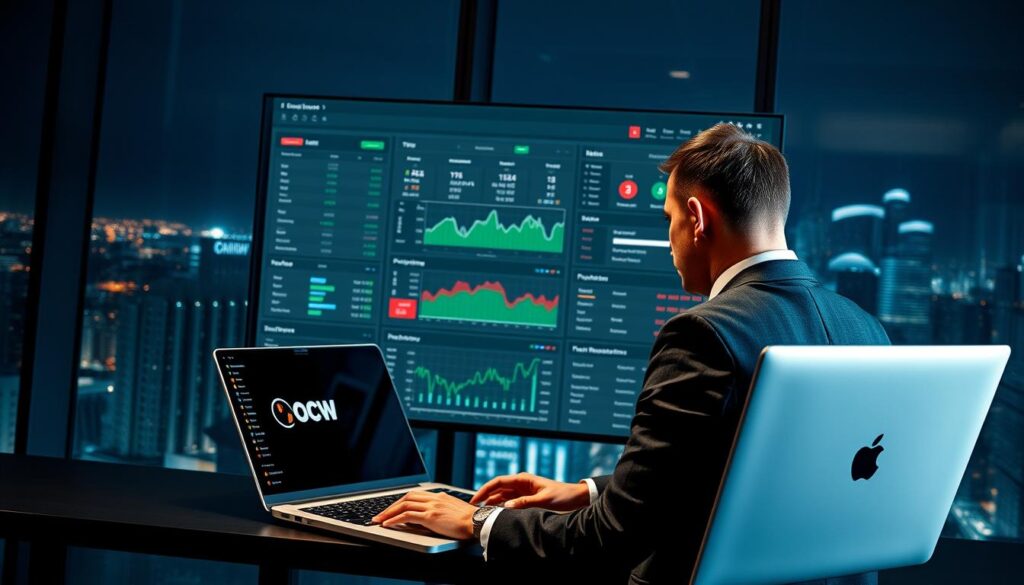 A finely detailed, high-resolution image of a data-driven sports betting strategy dashboard, featuring a large centralized display showing a variety of real-time analytics, charts, and predictions for upcoming matches. The dashboard is set against a backdrop of a dimly lit, modern office environment with floor-to-ceiling windows overlooking a bustling city skyline at night. In the foreground, a businessman in a tailored suit is intently studying the dashboard, with an OCW logo prominently displayed on his laptop. The overall scene conveys a sense of precision, technological sophistication, and the pressure of making data-driven decisions in the high-stakes world of sports betting.