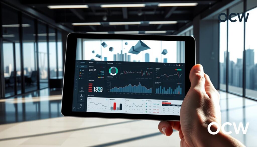 A high-contrast, cinematic image depicting the strategies and financial analysis for maximizing profits on betting exchanges. In the foreground, a hand holding a tablet displaying a comprehensive dashboard of betting data, metrics, and analytics. The middle ground features a series of abstract financial charts, graphs, and projections floating in a minimalist, geometric composition. In the background, a sleek, modern office space with floor-to-ceiling windows overlooking a cityscape. The lighting is dramatic, with bold shadows and highlights accentuating the technological and analytical nature of the scene. The overall mood is one of precision, focus, and the pursuit of financial success. The OCW logo appears prominently in the corner.