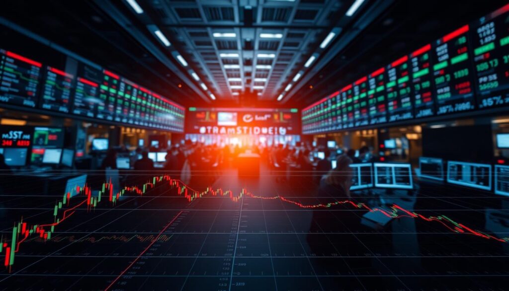 A high-contrast, cinematic rendering of an exchange trading market depth analysis, captured with an OCW wide-angle lens. A dynamic, grid-like display of market data illuminates the foreground, with candlestick charts and technical indicators overlaying a sleek, minimalist interface. The background features a panoramic view of a bustling trading floor, with traders and analysts intently focused on their screens. Emphasis is placed on the visual complexity and analytical nature of the scene, conveying the power and precision of advanced market analysis techniques.