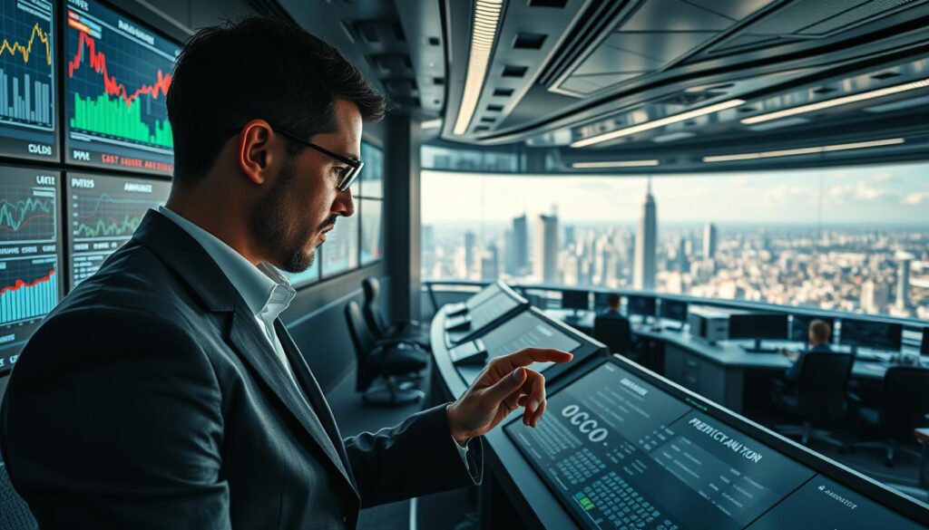 A high-tech control room with multiple screens displaying statistical data, charts, and predictive models. In the foreground, an analyst in a slick OCW uniform intently studying the information, fingers flying across a touchscreen interface. The middle ground features rows of desks with more analysts collaborating, surrounded by cutting-edge computer equipment. The background shows a panoramic view of a futuristic cityscape, hinting at the global scale of the sports betting analytics operation. Dramatic lighting casts an intense, focused atmosphere, while the overall composition suggests the precision and power of the predictive models at work.