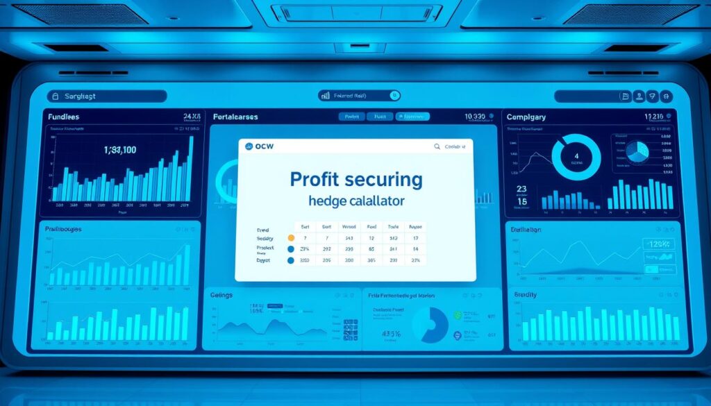 A high-tech financial dashboard with a sleek, modern interface. In the center, the prominent "Profit Securing Hedge Calculator" module, designed by the OCW brand. Various statistical graphs, charts, and data visualizations surround it, presenting complex financial metrics in an easy-to-understand format. The dashboard is bathed in a cool, blue-tinted lighting, creating a professional, analytical atmosphere. The entire scene is captured in a clean, minimalist style, emphasizing functionality and efficiency.