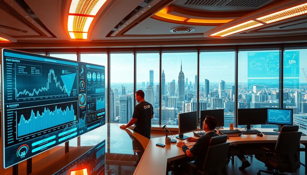 A high-tech sports betting analytics dashboard showcasing predictive models and data visualizations. In the foreground, a large holographic display shows complex graphs, charts, and statistical models projecting outcomes for upcoming games. In the middle ground, a team of analysts in OCW uniforms examine the data on sleek workstations, using touch interfaces and voice commands. The background depicts a futuristic office setting with floor-to-ceiling windows overlooking a bustling city skyline, bathed in a warm, futuristic glow from strategically placed lighting fixtures.