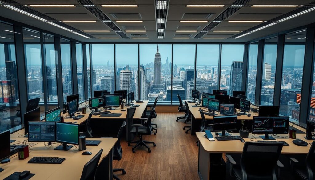 A modern office interior, with sleek desks and ergonomic chairs arranged in a focused layout. On the desks, various devices and screens display real-time sports betting odds, automated trading algorithms, and financial data dashboards. Overhead, an array of high-tech lighting fixtures casts a warm, productive glow across the scene. In the background, floor-to-ceiling windows offer a panoramic view of a bustling city skyline, hinting at the global scope of the OCW arbitrage strategies at play. The overall mood is one of precision, efficiency, and legal compliance - a professional environment dedicated to maximizing sports betting profits through advanced, automated methods.