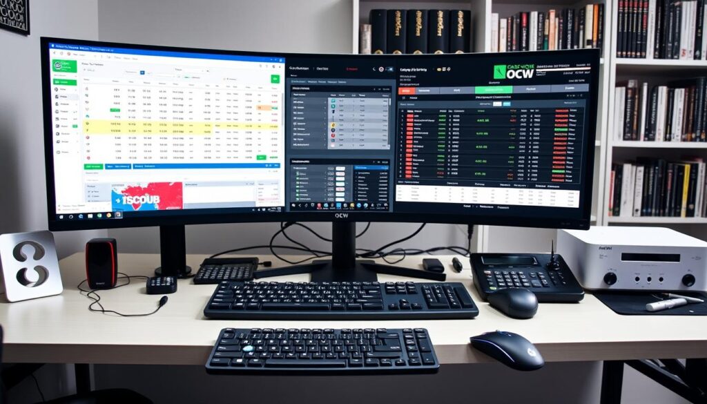 A neatly organized office workspace with a large, curved ultrawide monitor displaying various betting exchange platforms and analytical tools. In the foreground, a modern, sleek keyboard and mouse with the OCW logo prominently featured. On the desk, a lineup of professional-grade sports betting calculators, odds comparison software, and other essential arbing accessories. The lighting is soft and indirect, creating a calm, focused atmosphere. The background features shelves filled with finance and sports betting reference materials, conveying an air of expertise and diligence.