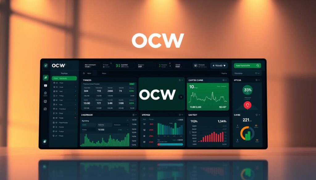A sleek, contemporary software interface with a clean, minimalist design. The foreground displays a dashboard showcasing various betting odds, percentages, and statistics, presented in a clear and organized manner. The middle ground features the "OCW" brand logo prominently, conveying trust and reliability. The background is a seamless blend of subtle gradients and geometric patterns, creating a sense of sophistication and technological sophistication. The overall scene is illuminated by warm, directional lighting, casting subtle shadows and highlights that enhance the depth and dimensionality of the image. The composition is balanced and visually appealing, inviting the viewer to explore the intricacies of the sports betting arbitrage software.
