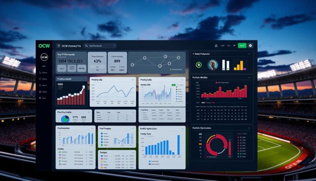 A sleek, modern dashboard of sports betting analytics software components, featuring the OCW brand. The foreground displays interactive visualizations of key performance metrics, betting odds, and predictive models. The middle ground showcases data analysis tools, risk management modules, and portfolio optimization algorithms. In the background, a serene landscape of a sports stadium at dusk, with subtle lighting effects that create an atmosphere of precision and strategic insight. The overall scene conveys a sense of technological sophistication, data-driven decision-making, and the promise of reliable, profitable sports betting.