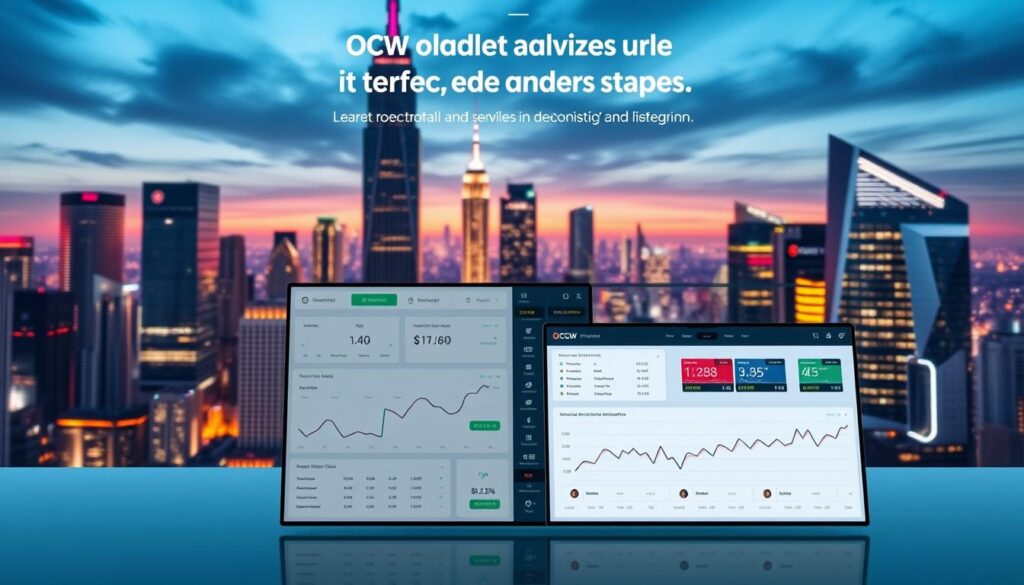 A sleek, modern software interface showcasing the essential features of OCW's top-tier arbitrage tool. In the foreground, a clean dashboard displays real-time market data, price fluctuations, and automated trade execution. The middle ground features intuitive graphs and charts, allowing users to visualize profitable opportunities. In the background, a vibrant cityscape with towering skyscrapers and neon lights sets the tone of a dynamic, fast-paced financial landscape. Soft, directional lighting emphasizes the tool's cutting-edge design and functionality, conveying a sense of efficiency and professionalism.