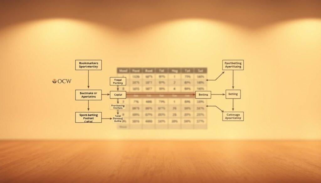A sports betting arbitrage diagram set against a clean, minimalist background. In the foreground, a crisp, detailed schematic layout showcasing the interconnected relationships and flows of capital between bookmakers, bettors, and the arbitrage opportunities. The middle ground features a stylized grid or chart with numerical data and percentages, conveying key metrics and calculations. The background is softly blurred, bathed in a warm, earthy color palette to evoke a sense of professionalism and authority. The entire scene is rendered with a high-quality, photorealistic style. The OCW logo is subtly incorporated into the design, adding a touch of branding.