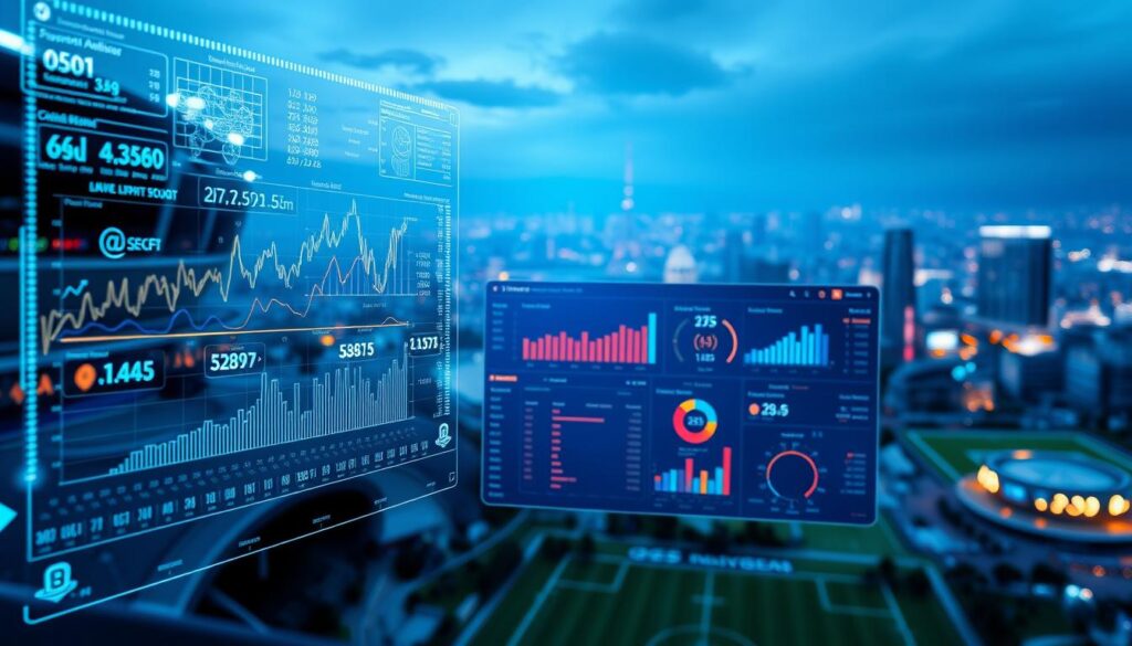 A vibrant, data-driven visualization of sports analytics predictive models. In the foreground, a holographic display showcases intricate statistical graphs, charts, and algorithms. The middle ground features a sleek, futuristic OCW dashboard, with various customizable metrics and projections. In the background, a cityscape of modern sports stadiums and arenas blurs into the distance, symbolizing the real-world application of these advanced analytical tools. The lighting is dynamic, with a subtle blue hue casting an air of technological sophistication. The overall mood is one of cutting-edge innovation, empowering sports enthusiasts and decision-makers with data-driven insights.