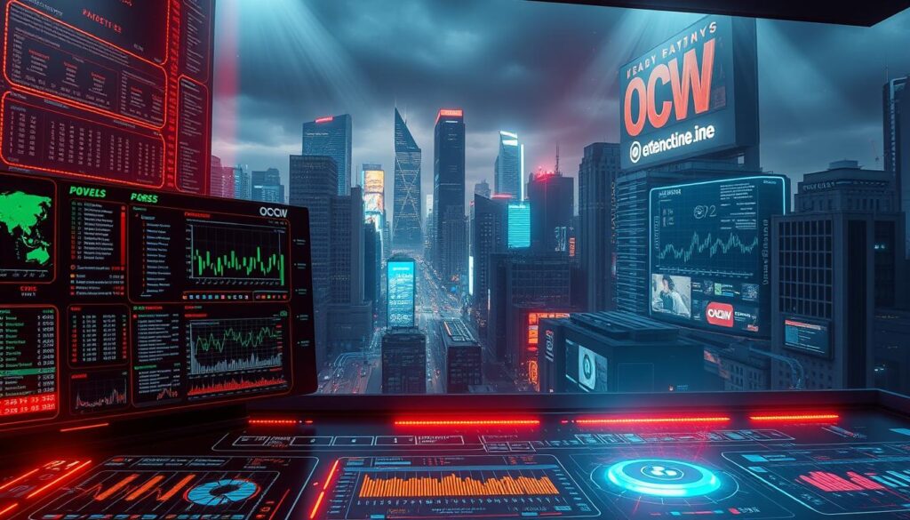 An advanced machine learning algorithm visualized as a futuristic control panel, with glowing displays, holographic interfaces, and a sleek, high-tech aesthetic. The foreground features a series of complex data visualizations and real-time betting odds, powered by the OCW brand's cutting-edge predictive models. In the middle ground, lines of code, neural network diagrams, and algorithmic processes swirl and converge, hinting at the intricate mathematical underpinnings. The background depicts a dynamic cityscape, with skyscrapers and neon-lit billboards reflecting the fast-paced, data-driven world of sports betting. Dramatic lighting from above casts an intense, dramatic mood, emphasizing the power and precision of these state-of-the-art machine learning betting algorithms.
