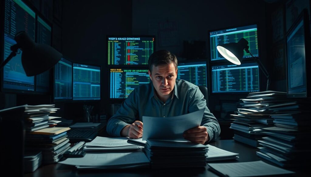 A bookmaker's office, dimly lit by the glow of multiple computer screens. Stacks of documents and ledgers cover the desk, while a lone figure intently studies risk management algorithms, their brow furrowed in concentration. The room has an air of cautious uncertainty, as the bookmaker navigates the fine line between profitability and exposure. Soft shadows cast by desk lamps create a sense of intensity, underscoring the high-stakes nature of this endeavor. The scene conveys the careful balance required to manage the risks inherent in the world of sports betting, where a single misstep can have far-reaching consequences.