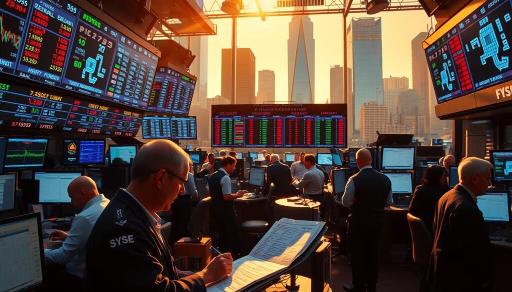 A bustling financial trading floor, with brokers and traders engaged in lively discussions, surrounded by screens displaying real-time stock and sports betting data. The scene is bathed in a warm, golden light, casting a serene atmosphere over the dynamic activity. In the foreground, a trader meticulously analyzes a set of sports betting odds, using a sophisticated arbitrage calculator to identify lucrative opportunities. The middle ground features a large display board showcasing the latest sports event lines and odds, while the background is filled with the towering skyscrapers of a modern city skyline, reflecting the global nature of the financial markets.