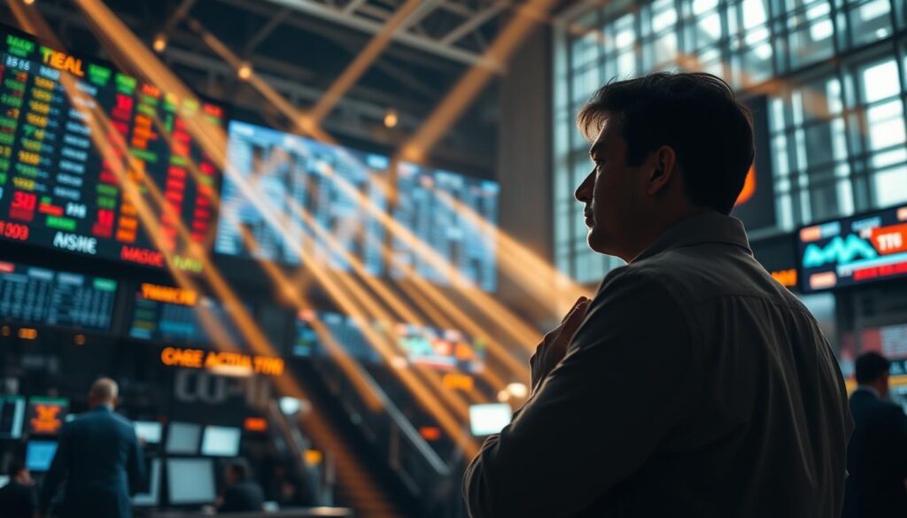 A bustling stock exchange, with traders intently studying stock tickers and data screens. In the foreground, a figure stands, hands clasped, deep in contemplation. Beams of warm light filter through large windows, casting a pensive glow over the scene. The background is a blur of activity, reflecting the complex web of global financial markets. The image conveys the strategic thinking and analytical approach required for successful cross-market arbitrage - a careful, calculated navigation of the opportunities and risks inherent in this specialized financial strategy.