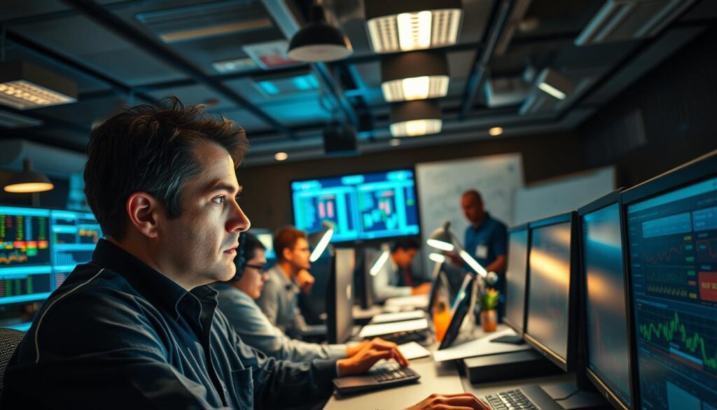 A bustling trading floor with analysts poring over complex charts and graphs, grappling with the intricacies of sports betting arbitrage. The room is bathed in a warm, focused glow, with task lamps illuminating the concentrated expressions on their faces. In the foreground, a trader stares intently at multiple screens, juggling odds and data, while in the background, colleagues collaborate on whiteboards, mapping out strategies to overcome the common challenges of this fast-paced, high-stakes pursuit. The atmosphere is one of intensity and determination, as they navigate the delicate balance of risk and reward, seeking to capitalize on the fleeting opportunities that define the world of sports betting arbitrage.