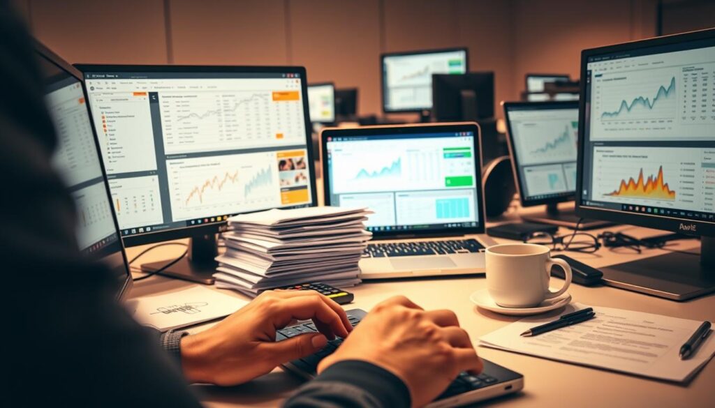 A busy office workspace with multiple open laptop screens, each displaying different financial dashboards and matched betting data visualizations. The foreground features a person's hands typing intently on a keyboard, with a focused expression. The middle ground shows stacks of printed documents, a calculator, and a cup of coffee, creating a sense of intense analytical work. The background is slightly blurred, but suggests a modern, minimalist office setting with neutral tones and clean lines. Warm, directional lighting illuminates the scene, creating a sense of productivity and diligence.