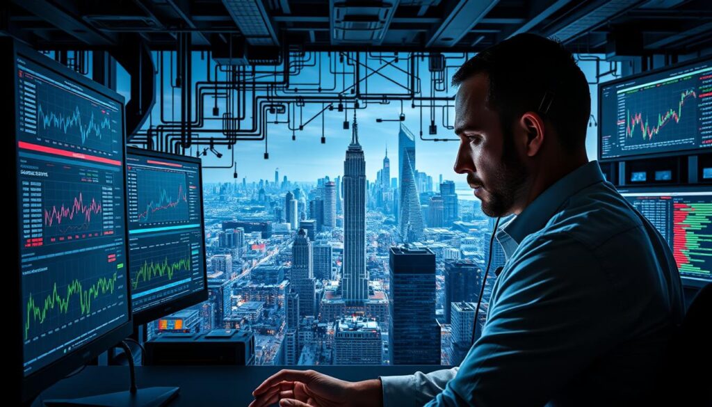 A complex network of data streams, algorithms, and market fluctuations unfolds against a backdrop of sleek interfaces and digital displays. In the foreground, a trader scrutinizes real-time analytics, navigating the intricate web of arbitrage opportunities with focused intensity. The middle ground reveals a tangle of colorful charts, graphs, and indicators, conveying the technical complexities involved in capitalizing on price discrepancies across multiple bookmakers. In the distance, a cityscape of towering skyscrapers suggests the high-stakes, fast-paced nature of the financial landscape. Dramatic lighting casts sharp shadows, imbuing the scene with a sense of urgency and the ever-present technical risks inherent in the world of arbitrage betting.