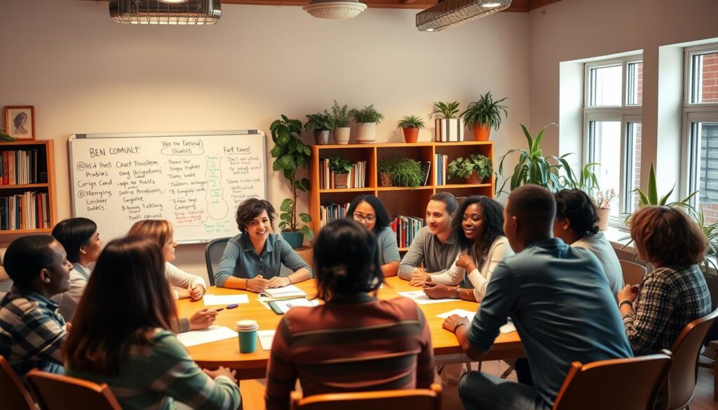 A cozy community room with warm lighting, people gathered around a table engaged in discussion. In the foreground, a group of diverse individuals sharing ideas and strategies, their faces animated with enthusiasm. In the middle ground, a large whiteboard displays motivational slogans and action plans. The background reveals a well-stocked bookshelf and potted plants, creating a welcoming and inspiring atmosphere. The overall scene conveys a sense of collaborative problem-solving, camaraderie, and a shared determination to succeed.