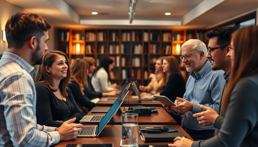 A cozy, well-lit forum networking scene. In the foreground, a group of people engaged in lively discussion, their faces animated as they exchange ideas. The middle ground features a series of desks or tables, each with a laptop or tablet, suggesting an atmosphere of collaboration and information-sharing. In the background, a bookshelf-lined wall adds a sense of intellectual depth, while warm lighting and a neutral color scheme create a welcoming, professional ambiance. The overall composition conveys a sense of community, connection, and productive networking within a matched betting community.