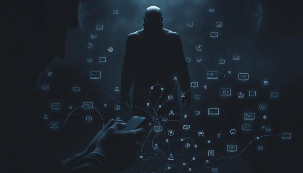 A dark, ominous scene depicting the risks of multi-accounting in matched betting. In the foreground, a shadowy figure manipulates multiple mobile devices, each representing a different betting account. The middle ground reveals a tangled web of account connections, financial transactions, and algorithmic tracking systems. In the background, a looming figure representing the bookmakers' surveillance apparatus casts an ominous presence. Dramatic lighting creates deep shadows and highlights the sense of unease and potential consequences. The overall atmosphere conveys the high-stakes nature of multi-accounting and the need for caution and compliance when managing multiple accounts.