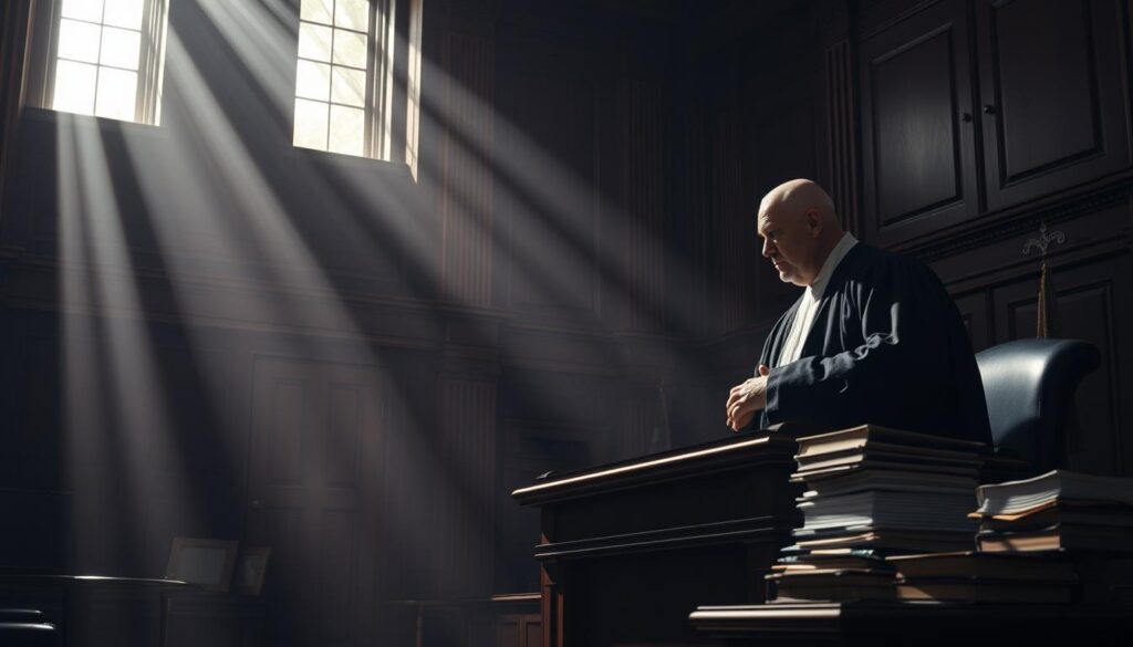 A dimly lit courtroom, mahogany wood paneling and high ceilings casting long shadows. In the foreground, a figure representing "Multi-Accounting" stands, facing a stern-looking judge wearing a flowing robe, their expression one of stern judgment. Shafts of light stream in through tall windows, illuminating the tense atmosphere. The background is hazy, suggesting the complex legal landscape, with stacks of law books and documents on a desk nearby. The mood is one of serious consequence, the legal implications of multi-accounting hanging heavy in the air.
