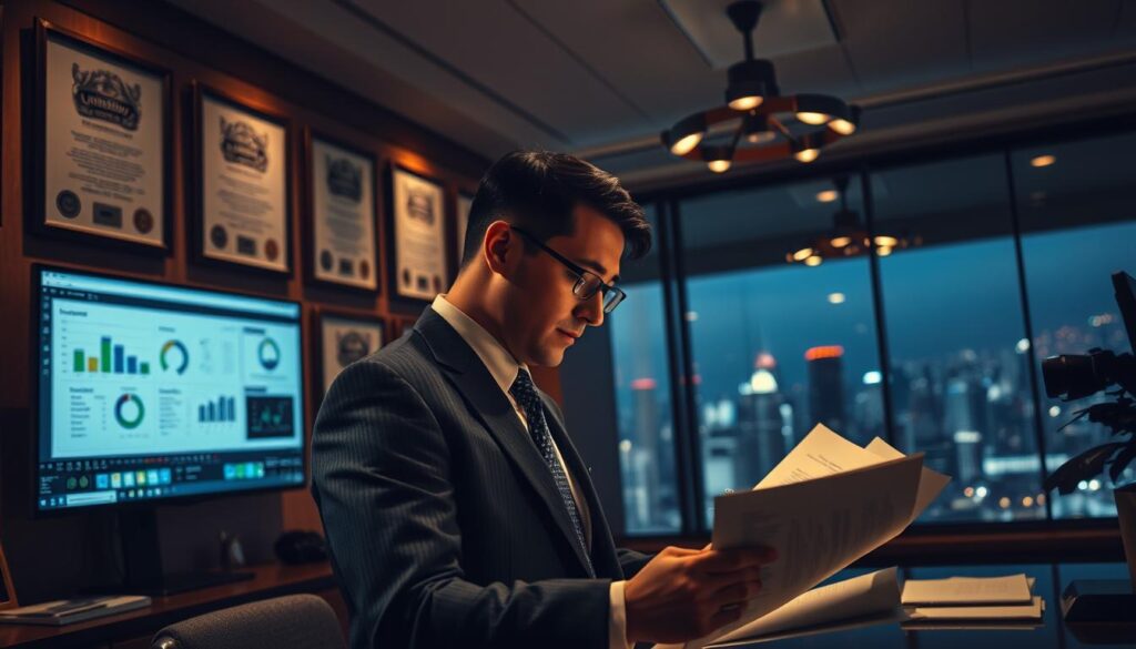 A dimly lit office interior, the walls adorned with framed certificates and regulations. In the foreground, a businessman in a crisp suit pores over legal documents, his expression one of focused concentration. In the middle ground, a computer screen displays a dashboard with charts and graphs, signifying the complexities of compliance. The background features a panoramic view of a bustling city skyline, hinting at the broader regulatory landscape. Soft, warm lighting creates an atmosphere of gravity and importance, underscoring the weight of the subject matter. The scene conveys a sense of careful deliberation and attention to detail in the pursuit of responsible gambling practices.
