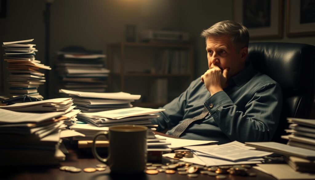 A dimly lit office interior, with a businessman sitting at a cluttered desk, deep in thought. Stacks of papers, scattered coins, and a half-empty mug of coffee suggest the stresses of managing finances. The man's expression is one of concern, as he contemplates the pitfalls of betting and the importance of maintaining a healthy bankroll. Soft, warm lighting casts shadows, creating a pensive atmosphere. The background is hazy, drawing the viewer's focus to the central figure and the weight of his decisions.