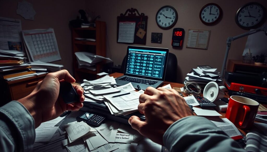 A dimly lit office space, a cluttered desk with scattered betting slips, a tangle of betting calculators and spreadsheets, a crumpled newspaper, and an empty coffee mug convey the sense of common mistakes in matched betting. The foreground shows a frustrated hand grasping a smartphone, while the middle ground depicts a laptop screen displaying confusing figures and calculations. In the background, a sense of unease and distraction pervades, with a calendar on the wall and a clock ticking, indicating the urgency of avoiding these pitfalls. The lighting is harsh, creating deep shadows and highlighting the disorganized, haphazard nature of the scene, emphasizing the need for a more calculated, methodical approach to matched betting.