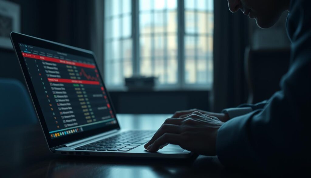 A dimly lit room, the air heavy with anticipation. On a sleek, polished desk, a laptop screen displays real-time odds and betting lines, the data flickering with the rhythm of a heartbeat. In the foreground, a hand hovers over the keyboard, fingers poised to seize the perfect moment - the precise timing when the odds shift in the bettor's favor, revealing the hidden arbitrage opportunity. The background is blurred, drawing the focus to the intense concentration of the figure, their face illuminated by the cool glow of the screen, the only sound the soft tapping of keys. Shadows cast dramatic angles, creating a sense of urgency and the weight of critical decision-making. This is the art of mastering timing in arbitrage betting.