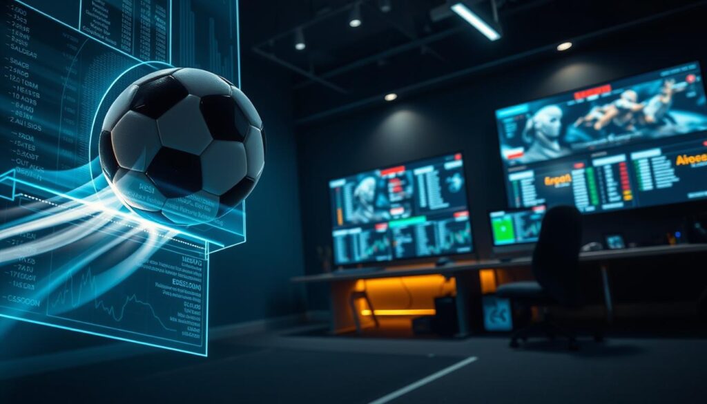 A dynamic composition showcasing the convergence of the physical and digital realms of sports and gaming. In the foreground, a football glides through the air, its trajectory framed by a sleek, holographic display presenting odds and analytics. The middle ground features a desktop setup with multiple screens, each displaying live esports tournaments and betting odds. In the background, a dimly lit environment evokes a high-tech control room, with subtle lighting accents highlighting the intersection of traditional sports and the burgeoning world of esports. The scene conveys a sense of precision, innovation, and the seamless integration of physical and virtual experiences, capturing the essence of modern sports betting and odds comparison services.