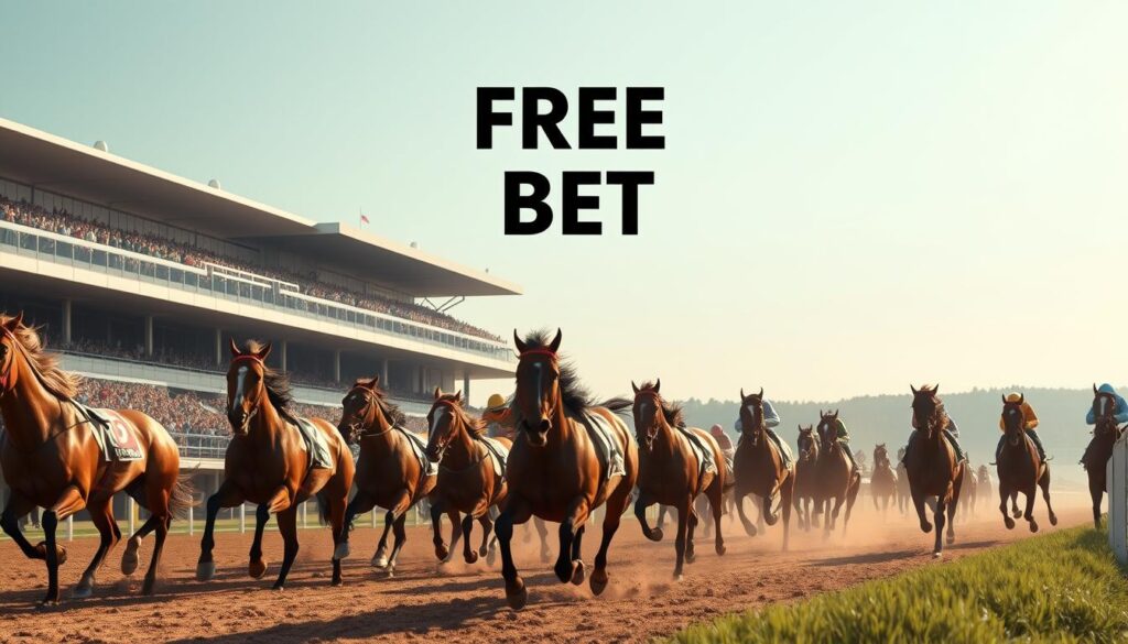 A dynamic horse racing scene with a vibrant display board showcasing a "Free Bet" offer. In the foreground, a herd of muscular thoroughbreds charge down the track, their manes flowing with intensity. The middle ground features a grand grandstand filled with energetic spectators, capturing the thrill of the race. In the background, a clear sky provides a serene backdrop, while the lighting casts a warm, golden glow over the entire scene, creating a sense of excitement and opportunity. The composition is crisp, with a shallow depth of field that draws the viewer's attention to the focal point - the "Free Bet" display board, emphasizing the risk-free nature of the betting offer.