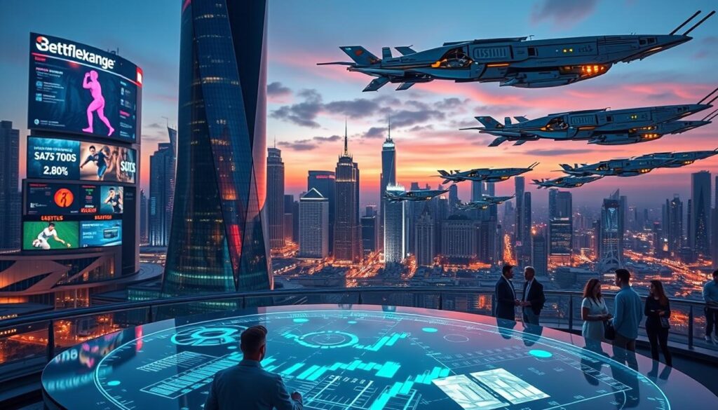 A futuristic city skyline at dusk, with holographic billboards and neon-lit skyscrapers reflecting in the curved glass facade of a towering betting exchange headquarters. In the foreground, a group of people gathered around a transparent touchscreen table, analyzing complex betting algorithms and data visualizations. Overhead, a fleet of autonomous trading bots navigates the virtual stock exchange, constantly adjusting odds and hedging positions. The atmosphere is one of technological innovation, data-driven decision making, and the promise of an era where the boundaries between human and machine intelligence are blurred in the pursuit of maximizing returns.