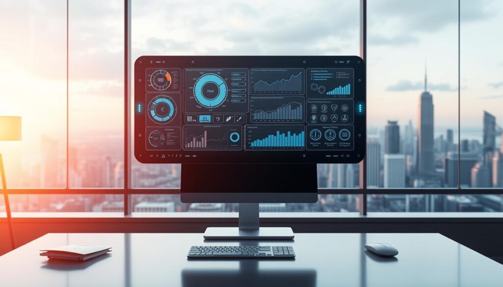 A futuristic control panel hovering above a sleek, minimalist office desk. The panel displays intricate data visualizations, dynamic charts, and advanced risk management algorithms. Soft, indirect lighting casts a warm glow, creating a contemplative atmosphere. In the background, a panoramic window overlooks a bustling city skyline, symbolizing the integration of technology and the modern business landscape. The composition suggests a harmonious balance between human decision-making and intelligent, data-driven risk mitigation tools, empowering informed and strategic risk management.
