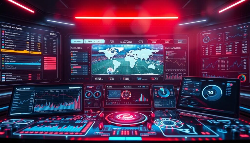 A futuristic dashboard displaying an array of advanced betting analytics and predictive tools. In the foreground, sleek holographic interfaces showcase real-time odds, statistical visualizations, and AI-powered forecasting. In the middle ground, a panoramic display offers a bird's-eye view of global sporting events, with live data streams and customizable alerts. The background is shrouded in a high-tech, neon-tinged ambiance, creating an immersive, cutting-edge atmosphere for the discerning bettor. Dramatic lighting and dynamic camera angles heighten the sense of sophistication and technological prowess.
