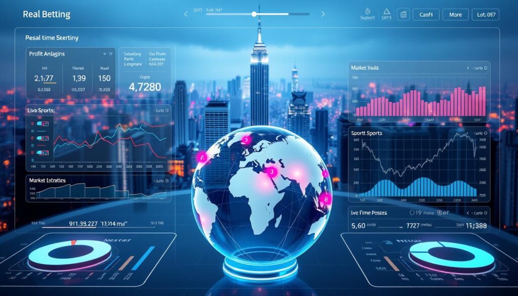 A futuristic dashboard displaying real-time sports betting data. Holographic interfaces and sleek, minimalist design evoke a sense of technological sophistication. In the foreground, customizable analytics charts and graphs track profit margins, win-loss ratios, and market trends. The middle ground features a transparent 3D globe, with live sports event markers and betting odds updates. The background depicts a cityscape of towering skyscrapers shrouded in a neon-tinged haze, hinting at the rapid advancements transforming the sports betting industry.