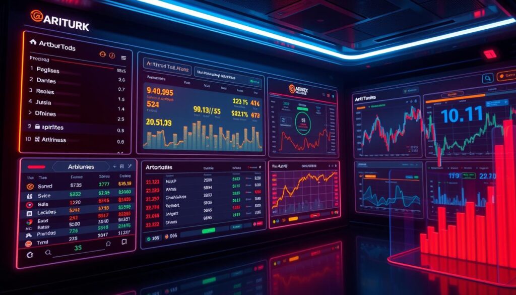 A futuristic, data-driven dashboard displays a real-time stream of sports betting arbitrage opportunities. Vibrant neon-lit panels showcase fluctuating odds, price differences, and alerts. A sleek, minimalist interface with clean typography and intuitive data visualizations. The scene is bathed in a warm, synthetic glow, creating a sense of technological sophistication. Holographic overlays project dynamic charts and graphs, offering deep insights at a glance. The atmosphere conveys a cutting-edge, high-stakes environment where savvy bettors can maximize their profits through vigilant monitoring and quick reactions.