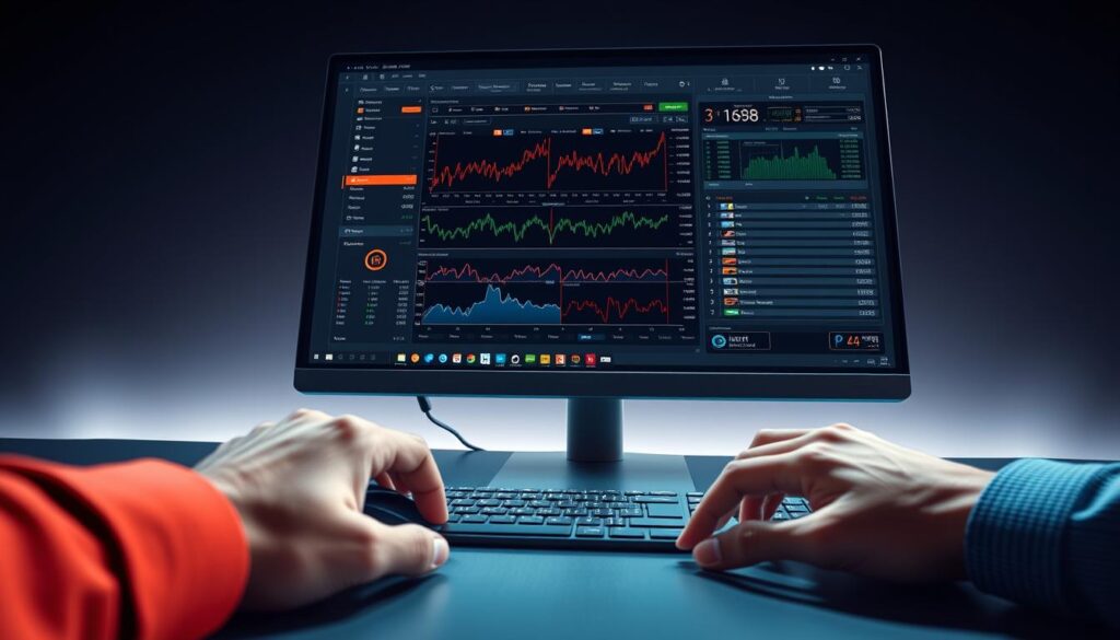 A high-resolution, photorealistic image of a horse racing trading software interface displayed on a sleek, modern computer monitor. The screen shows a complex array of charts, graphs, and real-time data feeds, with a sophisticated user interface designed for efficient trading on betting exchanges. In the foreground, a pair of skilled trader's hands operate the mouse and keyboard, immersed in the fast-paced world of automated horse racing betting. The image is captured in a cool, professional tone with dramatic studio lighting, emphasizing the power and precision of the trading software.