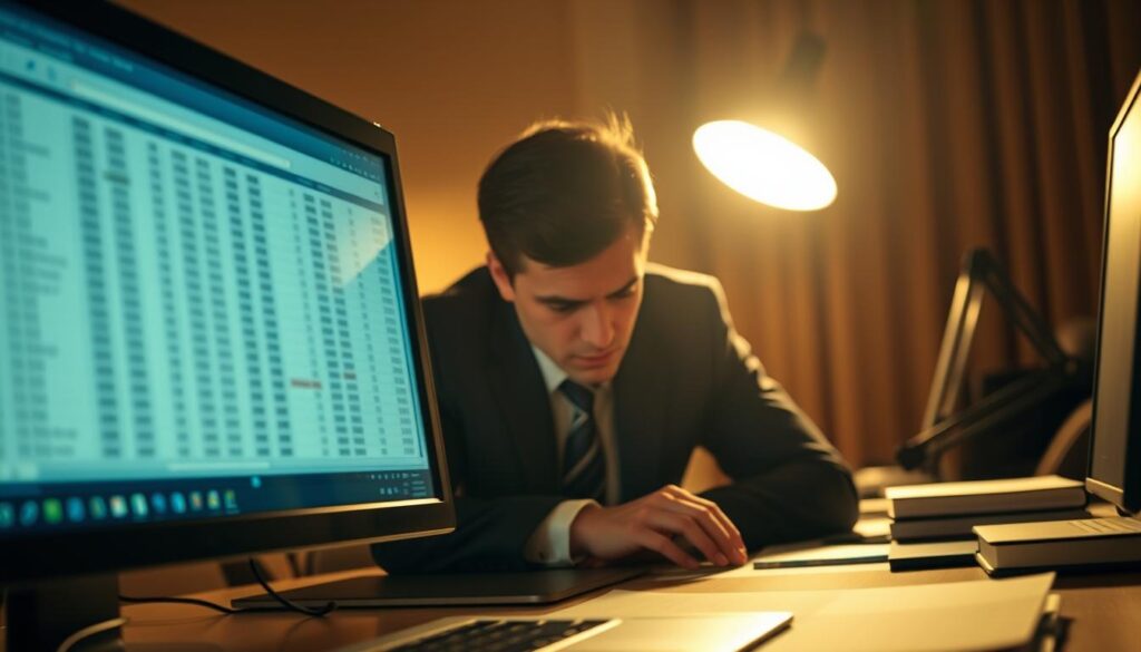 A high-stakes financial modeling scene with a focused, serious atmosphere. In the foreground, a desktop computer displays a spreadsheet with complex calculations, casting a soft glow across the frame. In the middle ground, a person in a tailored suit leans intently over the desk, deep in thought as they analyze the data. The background is softly blurred, giving a sense of intense concentration. Warm, directional lighting from a desk lamp casts dramatic shadows, heightening the sense of gravity. The overall mood conveys the critical importance of precisely calculating potential arbitrage profits.