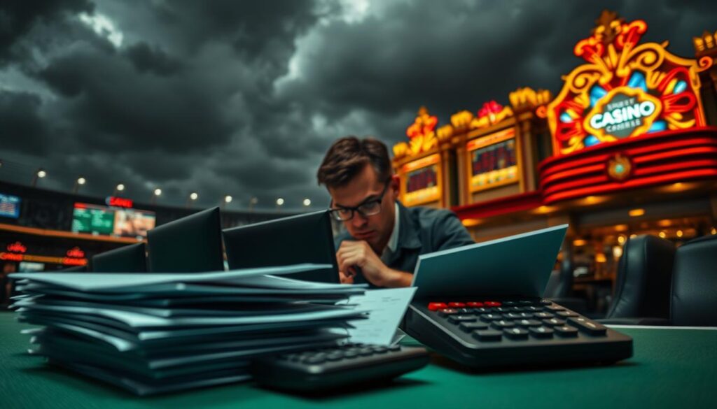 A high-stakes sports betting arena, shadows cast by ominous clouds overhead. In the foreground, a stack of betting slips and a calculator - symbols of the complex, risk-laden world of arbitrage. The middle ground features a gambler nervously monitoring multiple screens, brow furrowed as they attempt to navigate the narrow margins between bookmaker odds. In the distance, an opulent casino facade looms, a reminder of the allure and danger that draws bettors into its fold. Cinematic lighting and a moody, tense atmosphere convey the perilous nature of this financial practice. Angles and compositions emphasize the tension, vulnerability, and high-stakes decision making inherent in arbitrage betting.