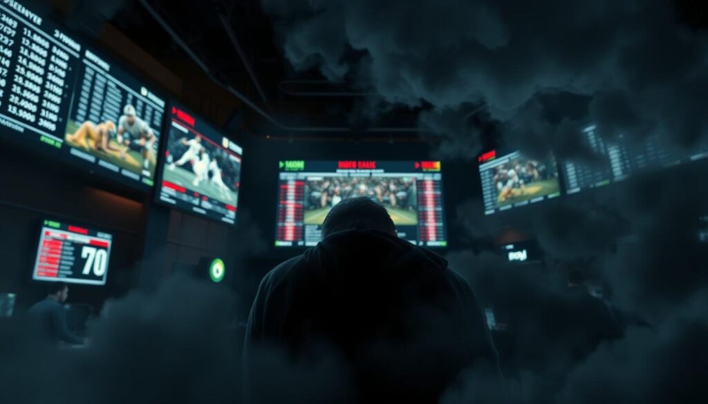A high-tension sports betting scene with key risks looming in the foreground. In the center, a gambler watches anxiously as a sports event unfolds on a large screen, lines of data and odds flashing rapidly. Surrounding them, dark clouds of uncertainty swirl - a web of financial risks, legal pitfalls, and the lure of addiction. A sense of precariousness pervades the image, captured through dramatic lighting, moody shadows, and an ominous color palette. The overall atmosphere conveys the intense pressure and potential for ruin that characterizes the sports betting industry.