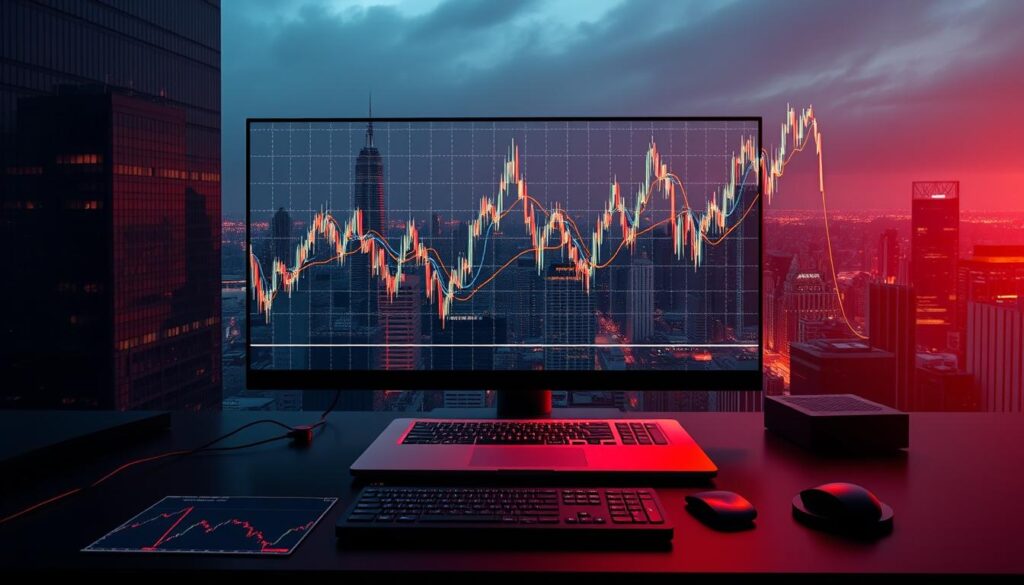 A large, intricate financial graph projected onto a sleek, minimalist desktop setup. The graph lines pulse with dynamic energy, conveying the complexity and fluidity of advanced arbitrage techniques. Towering skyscrapers and bustling cityscape in the background, suggesting the global scale of high-frequency financial markets. Warm, focused lighting casts dramatic shadows, creating an intense, high-stakes atmosphere. Precise, technical details in the foreground, such as financial indicators and trading platforms, showcase the specialized knowledge required. The overall composition exudes a sense of power, innovation, and the relentless pursuit of optimal profits.