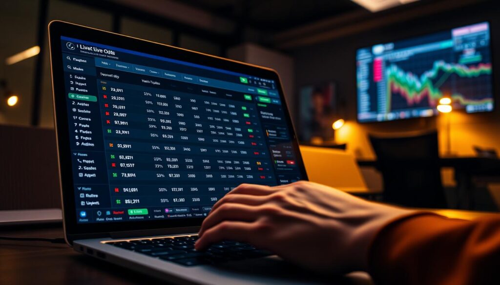 A live betting odds screen displayed on a laptop, showcasing real-time data and analytics. The foreground features a clear, well-organized interface with dynamic odds, match updates, and betting slips. The middle ground depicts a trader's hands interacting with the interface, conveying a sense of active engagement. The background shows a dimly lit office environment, with a subtle focus on a wall-mounted display providing additional market insights. The lighting is warm and focused, creating a sense of intensity and urgency. The overall mood is one of strategic decision-making, with the image conveying the essence of live betting and real-time odds comparison.