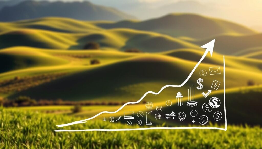 A lush green landscape with rolling hills in the background, symbolizing the long-term growth of a sustainable bankroll. In the foreground, a hand-drawn graph depicting a steadily ascending line, representing consistent, controlled progress. The graph is overlaid with various financial icons, such as currency symbols and investment charts, conveying the financial aspects of the strategy. The lighting is soft and natural, with warm hues reflecting an atmosphere of stability and prosperity. The scene is captured from a slightly elevated angle, providing a holistic view of the sustainable bankroll growth journey.
