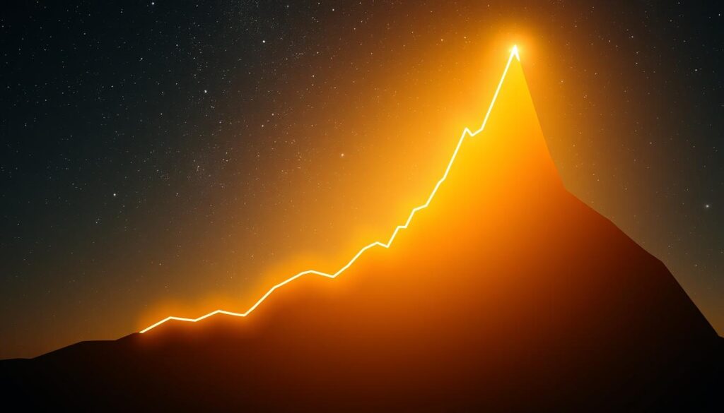 A majestic line chart rises steadily against a backdrop of a starry night sky, illuminated by a warm glow. The chart's upward trajectory symbolizes the steady growth of profit over time, reflecting the diligence and consistency required for long-term success. The scene conveys a sense of progression, with the chart's ascent mirroring the subject's journey towards financial stability. Soft, diffused lighting casts a subtle sheen on the chart, adding depth and dimension to the image. The overall mood is one of quiet triumph, a testament to the rewards that come from persistent effort and unwavering commitment.
