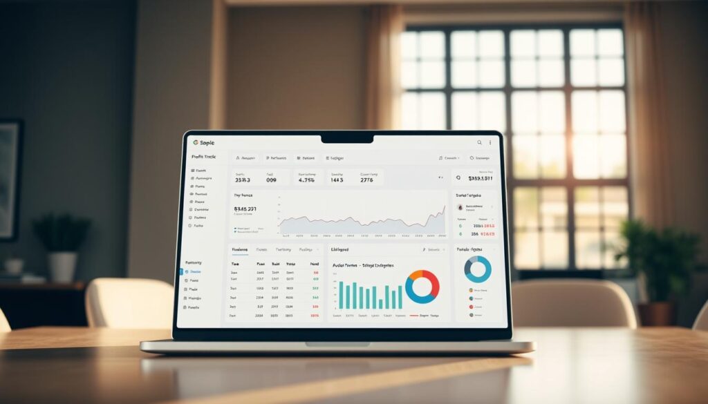 A minimalist, clean-lined sports betting profit tracker dashboard displayed on a laptop screen, lit by warm, natural daylight filtering through a large window. The foreground features a sleek, intuitive interface with clearly labeled sections for tracking bet amounts, odds, and returns. The middle ground showcases neatly organized data visualizations, such as line graphs and pie charts, providing at-a-glance insights into betting performance over time. The background subtly blurs into an elegant, neutral office setting, exuding a sense of professionalism and efficiency.