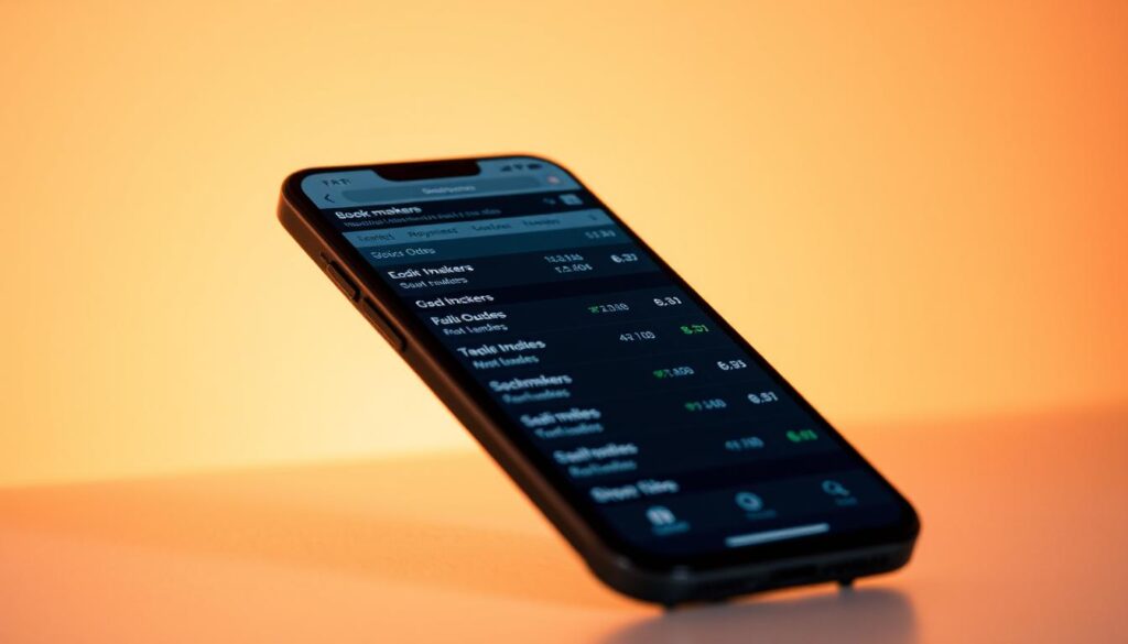 A mobile device displaying a sports betting odds comparison interface, set against a clean, modern background. The interface features various bookmakers' odds neatly organized, allowing the user to quickly compare and select the best odds for their desired bets. Subtle lighting casts a warm glow, creating a sense of convenience and accessibility. The screen is angled slightly, emphasizing the mobility and on-the-go nature of the experience. The overall scene conveys the ease and empowerment of having access to real-time odds comparison at one's fingertips, anywhere, anytime.
